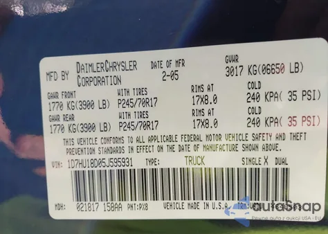 2005 Dodge Ram 1500 Slt/Laramie из США, поврежденный, VIN 1D7HU18D05J595931